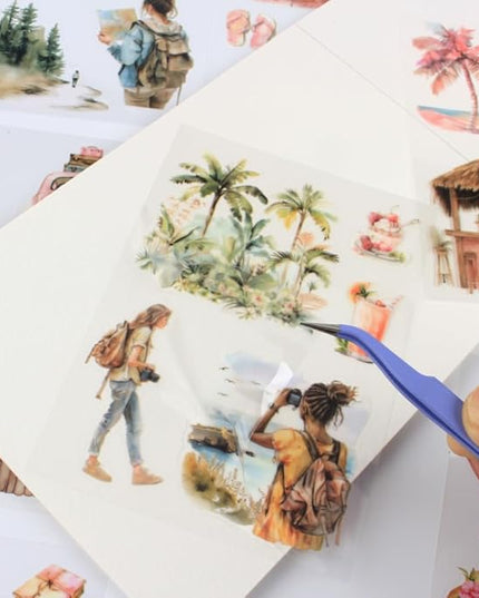 Dwpetzo Summer Beach Pre-Cut Journal Sticker Book for Junk Journaling, Transparent PET Landscape Stickers for Scrapbook Supplies, Scrapbooking, Collage, Planners, Bujo, 20 Sheets