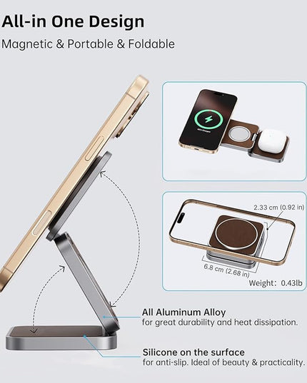 Foldable Magnetic Wireless Charger, KU XIU Aluminum Alloy 3 in 1 Charging Station for Apple, Fast Charging Travel Charger for iPhone 17 16 15 14 13, 5W for Apple Watch Ultra, AirPods, Leather Texture