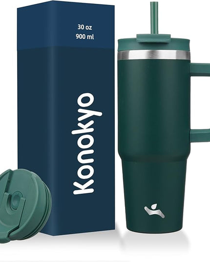 30 oz Tumbler with Handle and 2 Straws,2 in 1 Lid Insulated Water Bottle Stainless Steel Travel Coffee Mug,Dark Green