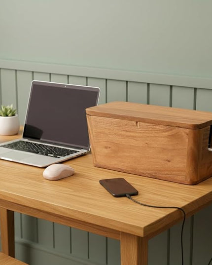 Extra Large Cable Management Box - Acacia Wood - Cable Organizer Box and Power Strip Box for Electrical Cord Management - Hide Desk Cord and Floor Cables - Wire Storage and Organization for Cords