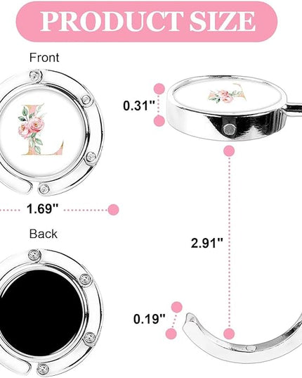 XSUIOY 3Pcs Personalized Initial Foldable Purse Hook for Table,Crushed Flower Letters Folding Purse Hanger,Purse Holder Handbag Hanger Collection Desk Table Bag Hooks Gifts for Women Bag(Pink-L)