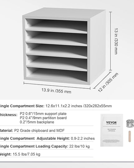 VEVOR Literature Organizers, 5 Compartments Office Mailbox with Adjustable Shelves, Wood Literature Sorter 13.9x12x13 inches for Office, Home, Classroom, Mailrooms Organization, EPA Certified, White