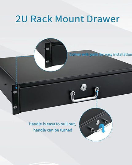 2U Rack Drawer, Designed for 19-inch Network Equipment, Servers or Cabinet Enclosures. Sliding and Lockable Server Rack Drawer Features Cable Management Holes