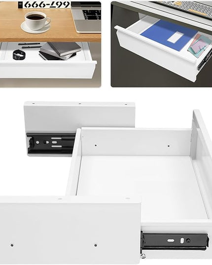 FFanhia 16 Inches Under Desk Mounted Sliding Pull-out Drawer Under Desk Storage Drawer for Sit Stand Workstation Office Desk(Applicable Table Thickness: 0.79in) White
