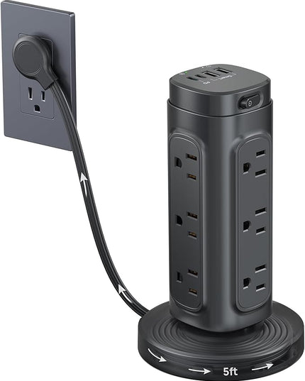 TROND Retractable Power Strip Tower - Flat Plug Surge Protector Power Strip with USB C PD 20W, 5ft Extension Cord with Multiple Outlets, 1700 Joules, Office Desk Supplies, Dorm Room Essentials, Black