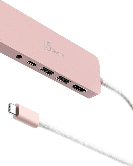 j5create USB-C Pink Multi-Port Hub with Power Delivery with 4K HDMI/2 USB-A 5Gbps/PD 100W Charging SD&Micro SD/3.5mm Audio | for MacBook/iPad Pro/iMac/Surface/XPS/Thinkpad/Galaxy/and More(JCD373ER)