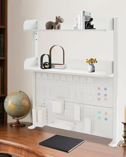 Clamp On Desk Organizer with Pegboard, 2-Tier Tabletop Shelf for Home & Office, Steel and MDF Construction with 44 lbs Capacity, White