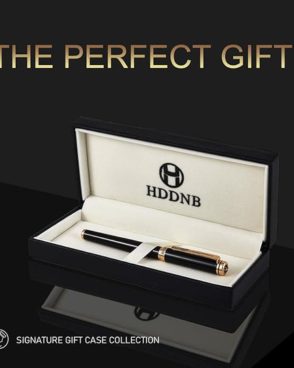 HDDNB Black Luxury Fountain Pen Set for Men and Women with Gift Box, 24K Gold Finish and Gilded Nib(Extra Fine) with 5 Black Ink Cartridges and Converter
