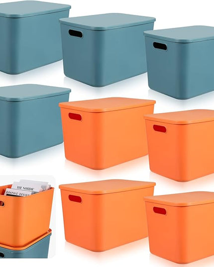Hoolerry 8 Pieces Colorful Storage Bins with Lid, Plastic Storage Basket Organizing Container Stackable Box with Handle for Shelves Desktop Playroom Office(14.2 x 10.2 x 9.5 Inch,Blue and Orange)