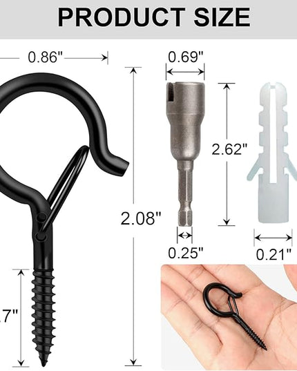 96 PCS Q-Hanger Hooks, Screw Hooks for Outdoor String Lights, Safety Buckle Design Cup Eye Hook for Hanging Christmas Lights, Plants, Mounted on Wall Ceiling, Include 1 Wing Nut Driver, Black
