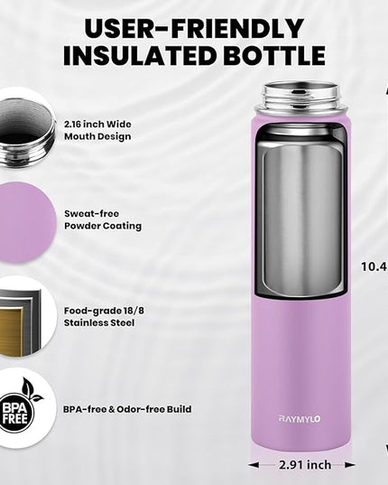 Insulated Water Bottle 24oz, Triple Wall Vacuum Stainless Steel (Cold for 48 Hrs, Hot for 24Hrs), Leak Proof & Non-BPA, 24oz Hydro Water Flask with Paracord Handle & Straw Spout Lids