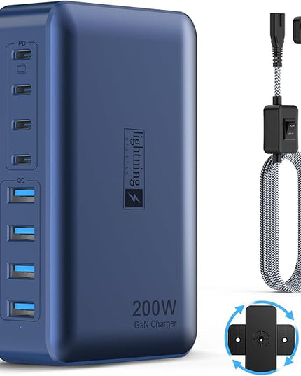 8-Port iPhone Charger Fast Charging 200W with Flat Plug, Braided Power Cord, and On/Off Switch- USB Charging Hub for iPhone, iPad, MacBook and More- 65W C Port Power Adapter for Laptops