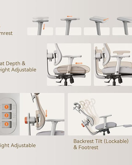 Newtral Ergonomic Office Chair - Home Office Desk Chair with Adaptive Lumbar Support, with Footrest, 4D Armrest, Adjustable Seat Depth & Height