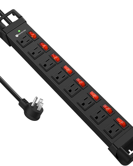 Heavy Duty Power Strip with Individual Switches,8 Outlets 14 Gauge Industrial Shop Garage Metal Multiple Outlets,1200J Surge Protector Mountable Power Strip,10FT Extension Cord Management(Black)