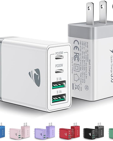 [2-Pack] USB C Wall Charger, 40W Fast USB C Charger Block, 4-Port PD Power Adapter + QC Wall Plug Multiport Type C Charging Block Cube Compatible with iPhone 16 15 14 13 12 11 Pro Max XR XS 8, Samsung
