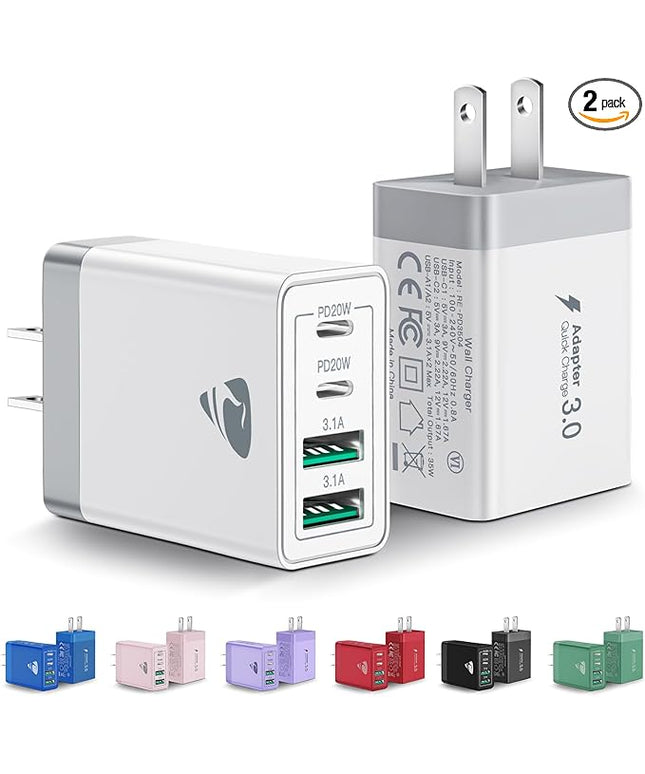 [2-Pack] USB C Wall Charger, 40W Fast USB C Charger Block, 4-Port PD Power Adapter + QC Wall Plug Multiport Type C Charging Block Cube Compatible with iPhone 16 15 14 13 12 11 Pro Max XR XS 8, Samsung