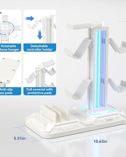 KDD Headset Stand with Charging Station - Detachable Controller Holder with 9 Light Modes - Rotatable Headphone Hanger with USB A&C Charger Ports - Earphone Hook for PC Gaming Accessories Storage