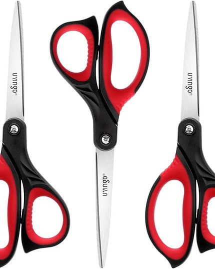 LIVINGO 8.5” Scissors All Purpose - Ultra Sharp Multipurpose 3 Pack Heavy duty Shears for Office, Home, School Sewing and Crafting Cutting Fabric, Paper, Red Comfort Grip