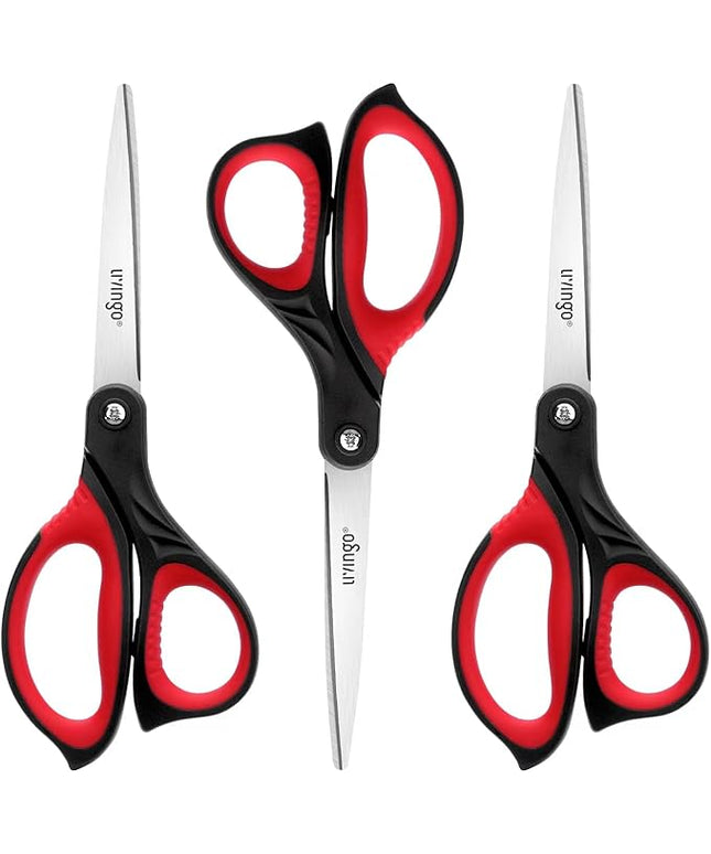 LIVINGO 8.5” Scissors All Purpose - Ultra Sharp Multipurpose 3 Pack Heavy duty Shears for Office, Home, School Sewing and Crafting Cutting Fabric, Paper, Red Comfort Grip