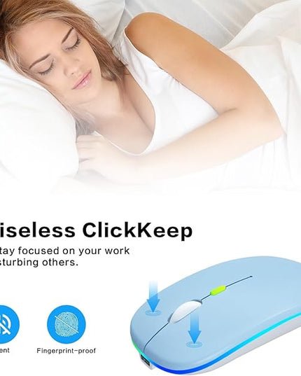Wireless Bluetooth Mouse Rechargeable Laptop Mice with LED Use Portable(BT5.2 and USB 2.4G) Dual Mode Connection Silent Slim Computer Mouse for Laptop/iPad Tablet/Apple MacBook/PC(Blue)