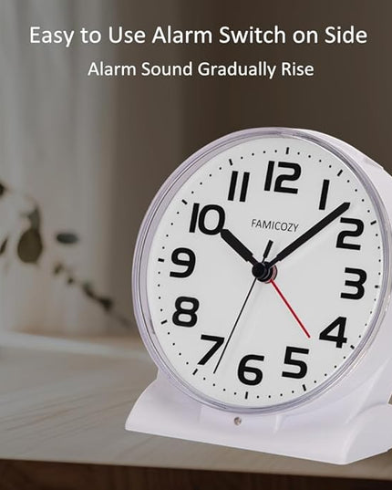 FAMICOZY Automatically Backlighted Alarm Clock,Silent No Ticking for Seniors Vision Impaired,Easy to Set,Big Numbers,Ascending Alarm,Gentle Wake,Snooze,2 AA Battery Operated,White