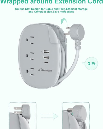 Alitayee USB C Portable Travel Power Strip with 3 Outlets 3 USB Ports Fast Charge, USB Extendable Outlet Extender with Flat Plug and 3ft Wrapped Around Extension Cord for Cruise Travel Home Office