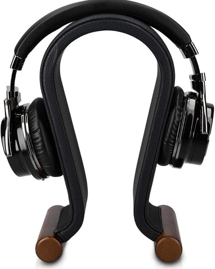 Navaris Omega Headphone Stand - Synthetic Leather Headset Hanger with Wood Base - Holder for Wired, Wireless, Gaming, DJ, Studio Headphones - Black