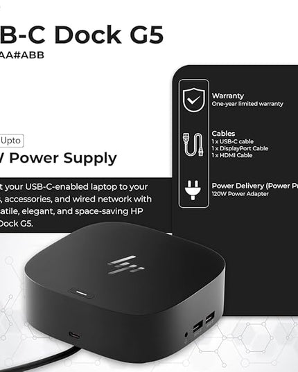 HP Docking Station for Laptop Dual Monitor and Charging Bundle - HP USB-C G5 Dock 5TW10AA / 5TW10UT / 5TW10AA#ABB with 120W Adapter, HDMI, DisplayPort, USB-C Cables & Microfiber Cleaning Cloth