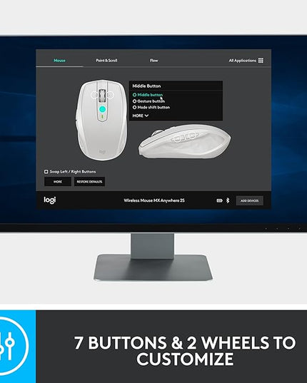 Logitech MX Anywhere 2S Bluetooth Edition Compact Wireless Mouse, No USB Receiver - Use On Any Surface, Hyper-Fast Scrolling, Rechargeable, Control Up to 3 Apple Mac and Windows Computers and Laptops