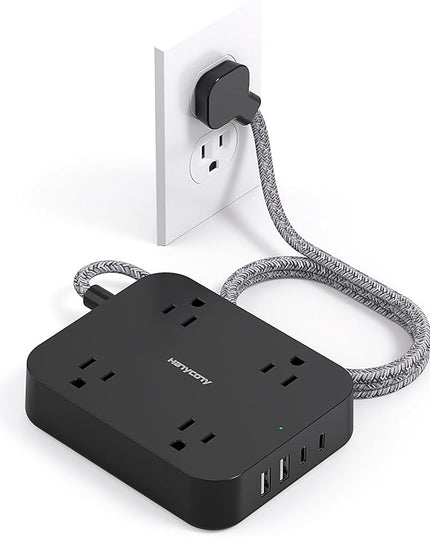 Black Flat Plug Extension Cord, HANYCONY 5ft Power Strip with 4 USB Ports(2 USB C), 4 Widely Outlets Extender, Wall Mount, Desk Charging Station for Office, School, Travel and Dorm Room Essentials