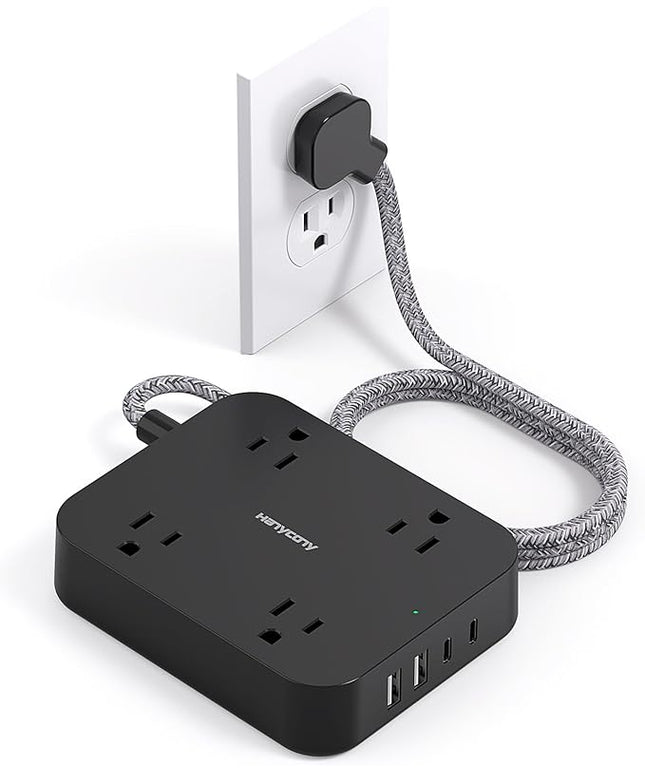 Black Flat Plug Extension Cord, HANYCONY 5ft Power Strip with 4 USB Ports(2 USB C), 4 Widely Outlets Extender, Wall Mount, Desk Charging Station for Office, School, Travel and Dorm Room Essentials