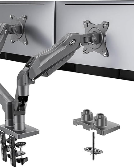 HUANUO Dual Monitor Stand, Fully Adjustable Monitor Desk Mount for 13–32″ Computer Screens, Full Motion VESA 75x75/100x100 with C-Clamp & Grommet Base, Each Arm Holds 4.4 to 19.8 lbs -Grey