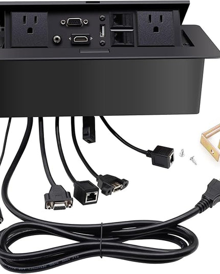 Pop Up Outlet; Pop up Power Strip; Embedded countertop Connection Outlet Box; 2 Power Outlets,HDMI USB VGA 3.5mm Audio Network Port Conference Table Multimedia Outlet Box - Black