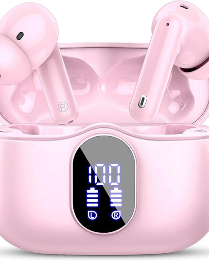 Wireless Earbuds, Bluetooth 5.4 Headphones Bass Stereo, Ear Buds with Noise Cancelling Mic, LED Display in Ear Earphones Clear Calls, IP7 Waterproof Bluetooth Earbuds for Laptop/Phones/Sports, Pink
