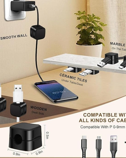 8 Pack Magnetic Cable Clips Cord Holder With Free 0.39*196 Inch Cut - To - Size Binding Tape For Cord Management | Adhesive Cable Organizer For Home, Office, Car - Hide Phone Charging Cables, Desk Use