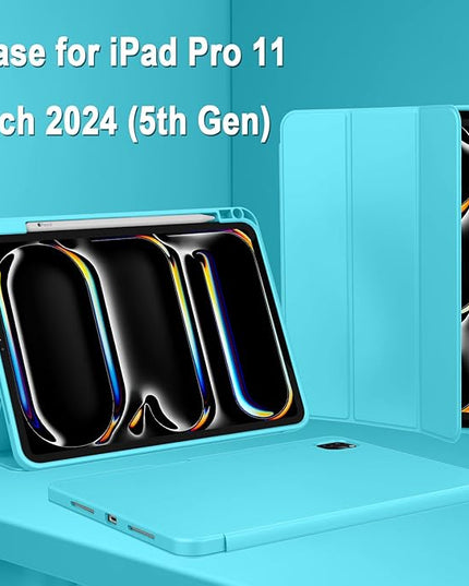 ZryXal iPad Pro 11 Inch Case (M5) 2025/ (M4) 2024 (Model: A2836/A2837/A3006), Trifold Stand Smart Cover with Pencil Holder and Soft TPU Back, Auto Wake/Sleep (Cyan)