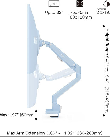 Pixio PS1S Wave Blue Single Monitor Arm Stand Desk Mount - Fits up to 32 inches Monitors and up to 19.8lbs. VESA Compatibility and Integrated Cable Management