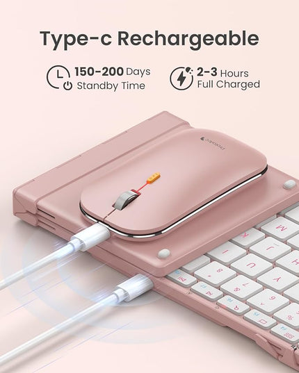 ProtoArc Foldable Keyboard and Mouse, XKM01 True Full-Size Folding Wireless Keyboard Mouse Combo for Business Travel, a Portable Office Suite On-The-Go, Compatible with Laptop iPad Tablet - Pink