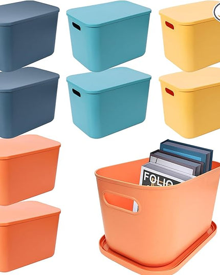 8 Pack Colorful Plastic Storage Bins with Lid and Handle，Stackable Storage Box Basket Containers，Desktop Storage Box Cubby Bins for Shelf Cabinet Kitchen Bathroom Office，10 x 7 x 6.1Inch