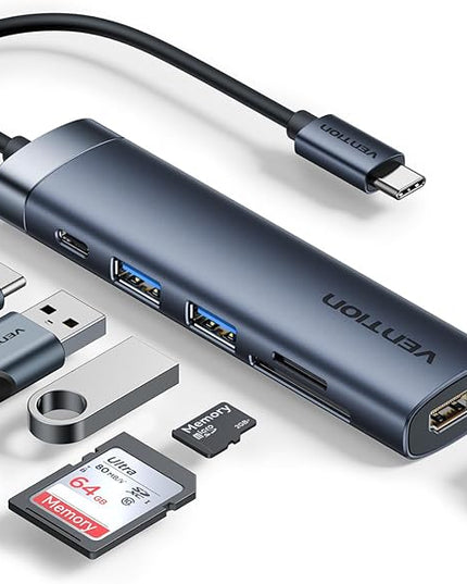 VENTION 6-in-1 USB C Docking Station for Mobile Office, 100W PD Charging Hub for MacBook Pro/Laptop, Portable Adapter with 4K HDMI, USB 3.0 Data Transfer, SD Card Reader & Aluminum Body