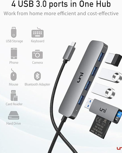 uni USB C to USB Hub 4 Ports 2ft, Sturdy Braided USB Type C to USB Adapter with 4 USB 3.0 Ports, Thunderbolt 3 to Multiport USB 3.0 Hub Adapter for MacBook Pro/Air 2020/2019, iPad Pro