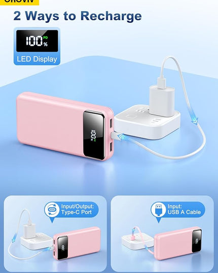 Portable Charger Power Bank 50000mAh Battery Pack, 22.5W Fast Charging PowerBank with Built in Cables,Travel Essential USB-C Portable Phone Charger for iPhone Samsung Pixel Android iPad-Pink
