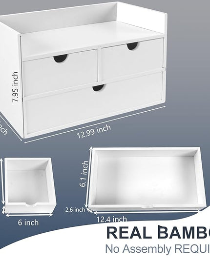 Charmewooden Desk Organizer with Drawers Countertop Drawer Organizer Drawers for Desk Top Home Office Workspace Bathroom Toiletries Supplies (White with shelf)