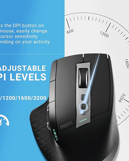 Rapoo Bluetooth Wireless Mouse, 4 Adjustable DPI Rechargeable, Multi-Device (3 Bluetooth+USB) Programmable Ergonomic Mouse with Side Roller, Laser Mouse for Laptop Desktop PC