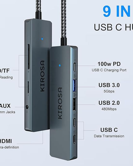 9IN1 USB C Hub Multiport Adapter for MacBook Pro Air: KIROSA USB C to 4K HDMI Hub Dongle with 100W PD USB3.0 - Portable USBC Hub Compatible with Laptops and Other Type C Devices