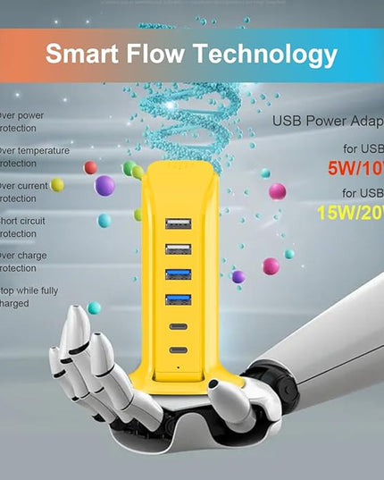 45W USB Charging Station, 6-Port Hub with 4 USB-A & 2 USB-C Ports, 5ft Cable, Yellow