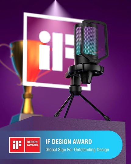 FIFINE Gaming USB Microphone for PC PS5, Condenser Mic with Quick Mute, RGB Indicator, Tripod Stand, Pop Filter, Shock Mount, Gain Control for Streaming Discord Twitch Podcasts Videos- AmpliGame