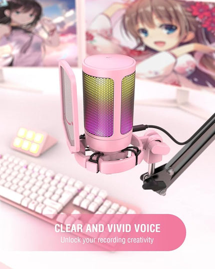 FIFINE USB Gaming PC Microphone for Streaming Podcasts, AmpliGame RGB Computer Condenser Desktop Mic, Cardioid Pattern for YouTube Video, Plug and Play on PS4 PS5, with Quick Mute, Mic Gain-A6V Pink