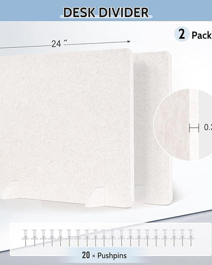 2 Pack Acoustic Desk Dividers - 24" x 20" Freestanding Privacy Panels Set with Noise - Reducing Design Cubicle Sound Proof, Ideal for Office, Classroom, and Home (Light Beige)