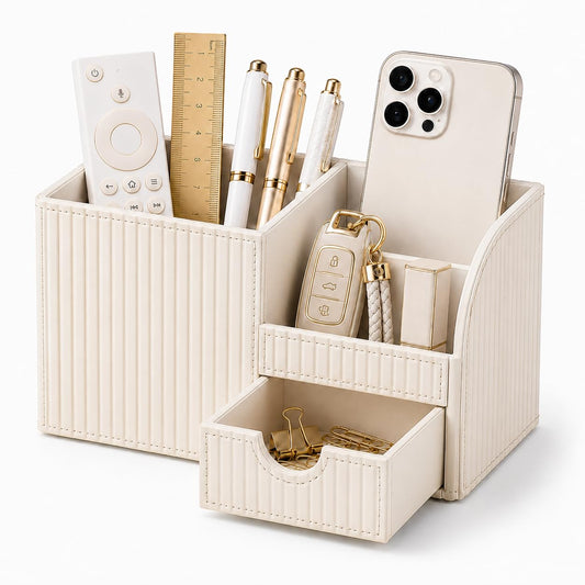 KINGFOM Luxury PU Leather Desk Organizer with Drawer, Modern Aesthetic Office Desk Accessories for Women, Multi-Compartment Pen Holder & Desktop Storage Organizer for Home Office, Cream White